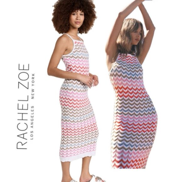 EMBELISHED CROCHET KNITTED BODYCON DRESS CAMILLE MULTICOLOR STRIPES Sz M TRENDY - Picture 1 of 16